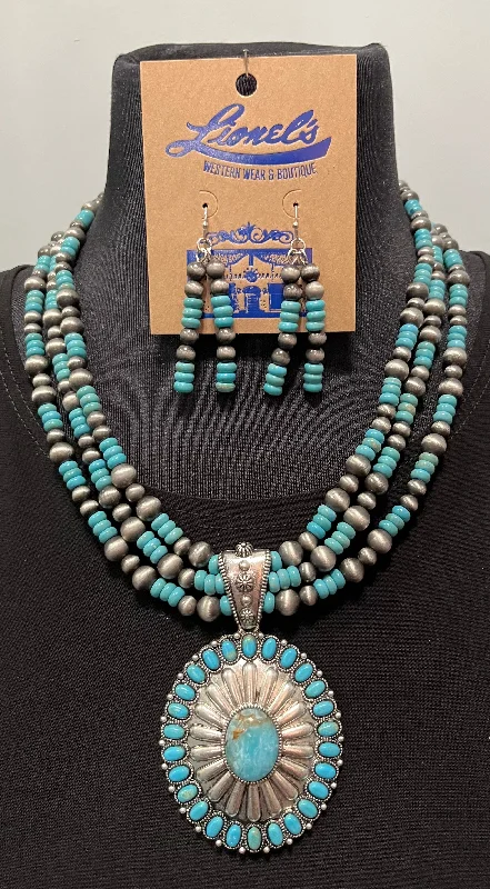 Women's spiritual necklaces-3 Strand Turquoise/Navajo Pearl Necklace Set