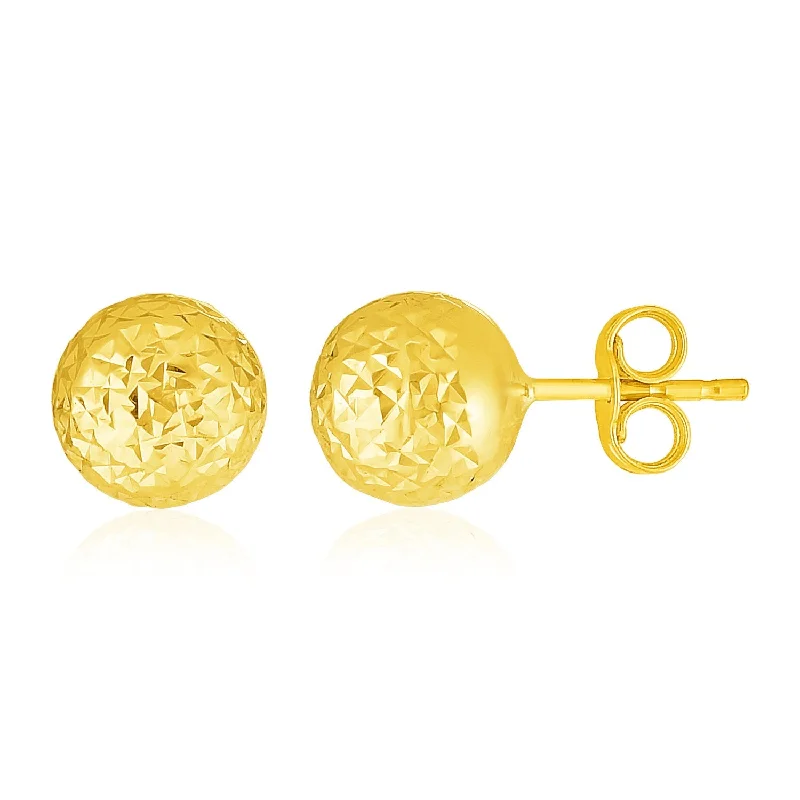 Women's sun earrings-14k Yellow Gold Ball Earrings with Crystal Cut Texture(7mm)