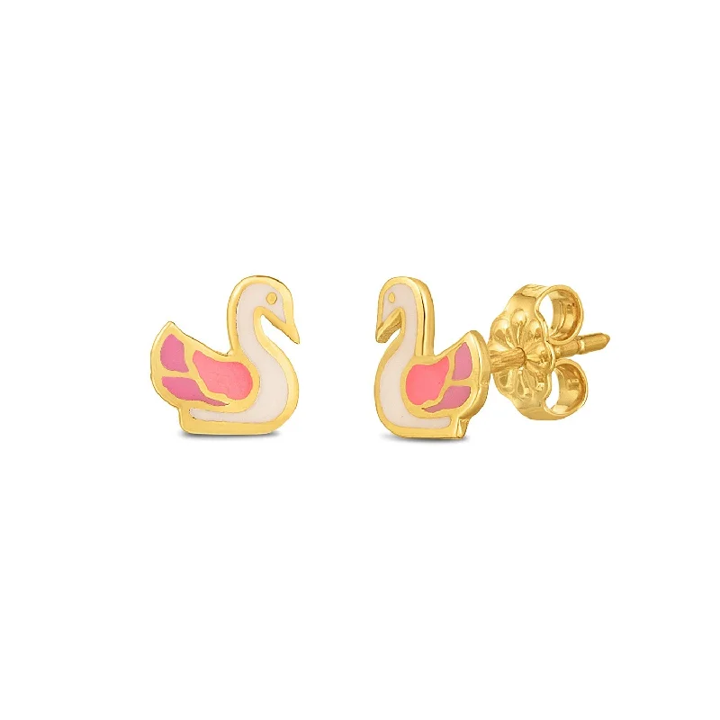 Women's jade earrings-14k Yellow Gold Swan Studs