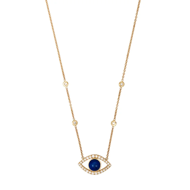 Women's unique necklaces-SMALL PAVE LAPIS CENTER OPEN EYE DIAMOND NECKLACE