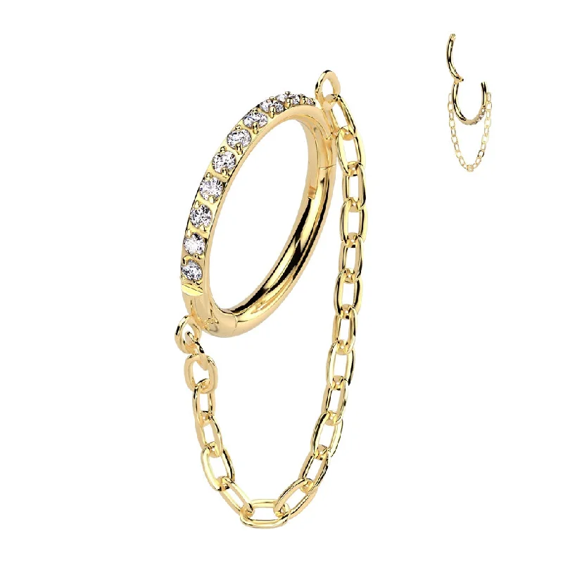 Women's Valentine's Day rings-Titanium Gold Jewelled Hinged Segment Hoop Ring with Chain Link 16 Gauge - TI-185A