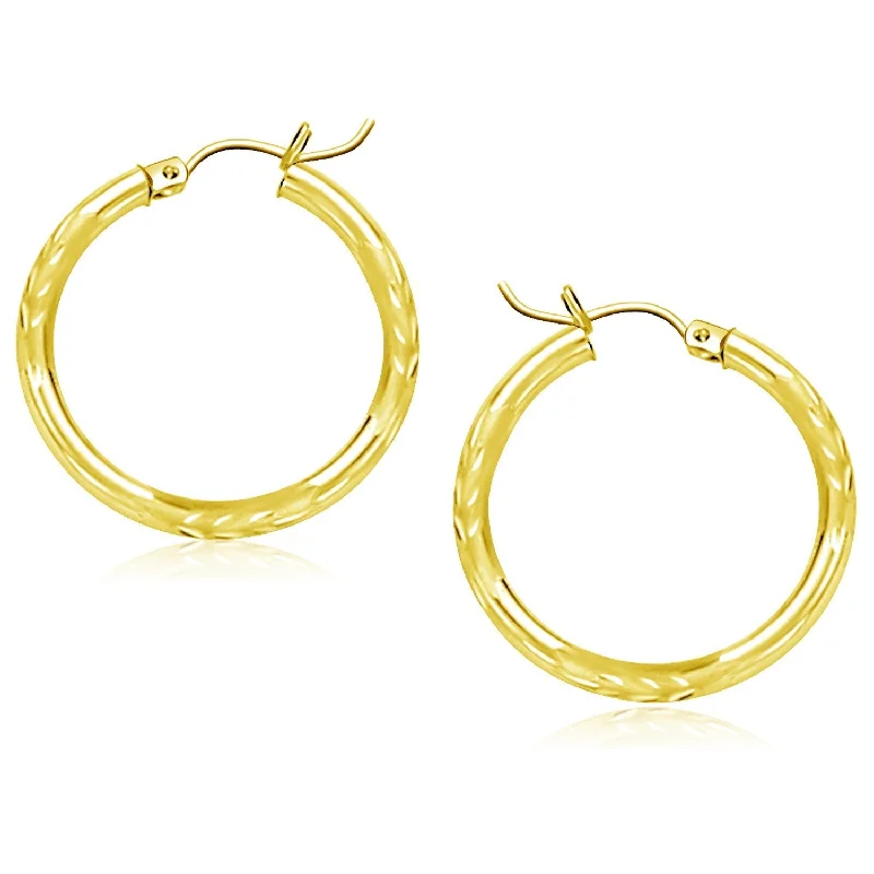 Women's handmade artisan earrings-10k Yellow Gold Diamond Cut Hoop Earrings (3x25mm)