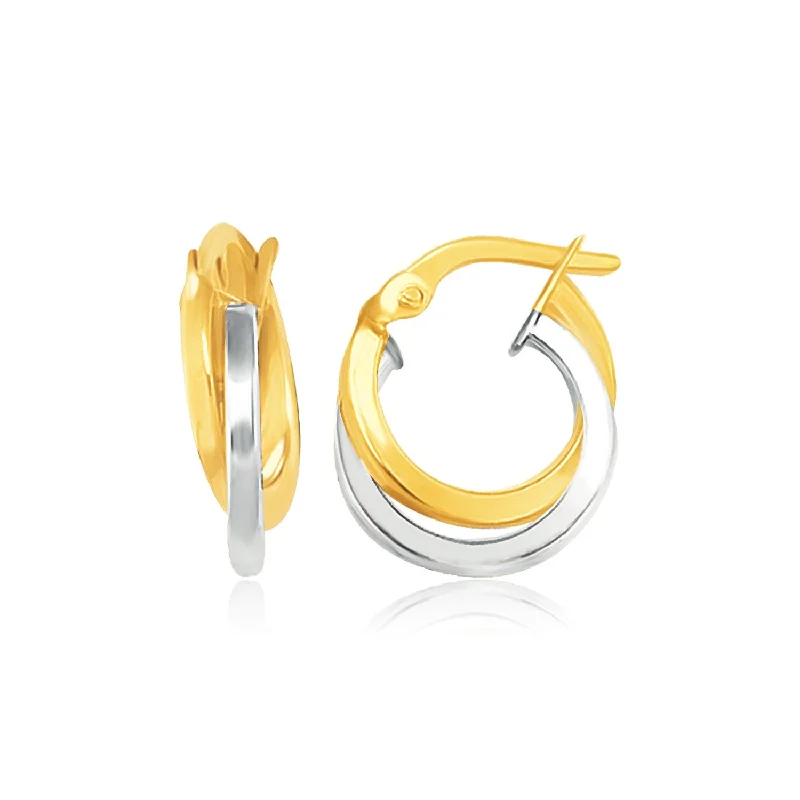 Women's custom engraving earrings-14k Two Tone Gold Earrings in Double Round Hoop Style