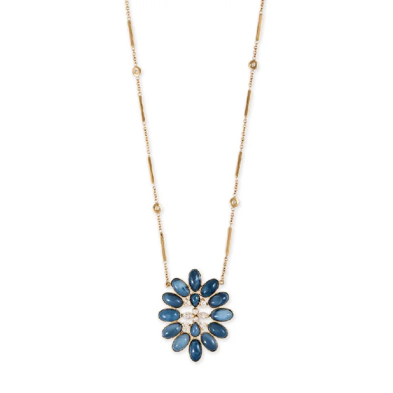 Women's handmade artisan necklaces-DIAMOND + BLUE OPAL BLOSSOM SMOOTH BAR NECKLACE