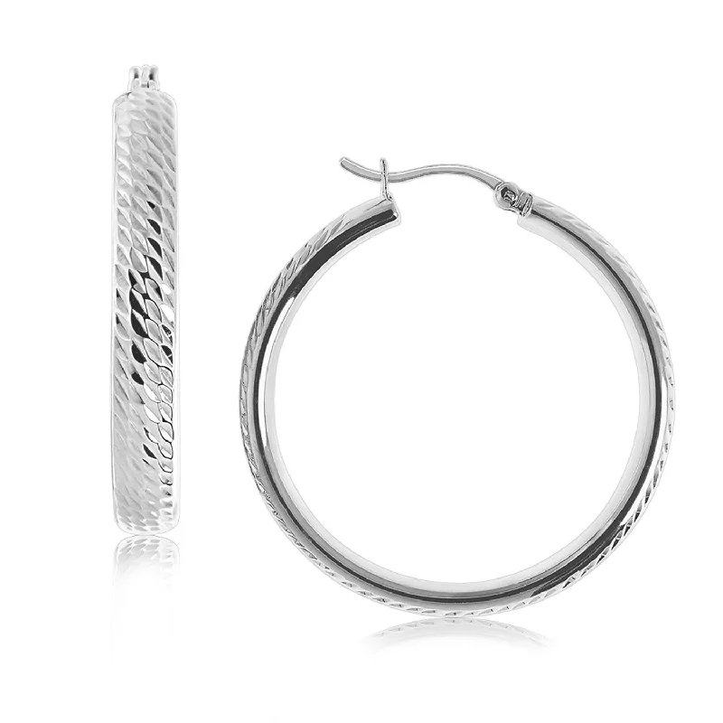 Women's modern earrings-Sterling Silver Rhodium Plated Hoop Marquise Motif Diamond Cut  Earrings(3x30mm)