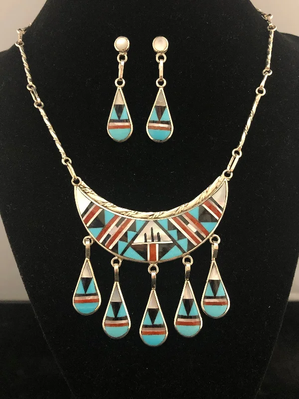 Women's spiritual necklaces-Zuni inlay necklace and earring set