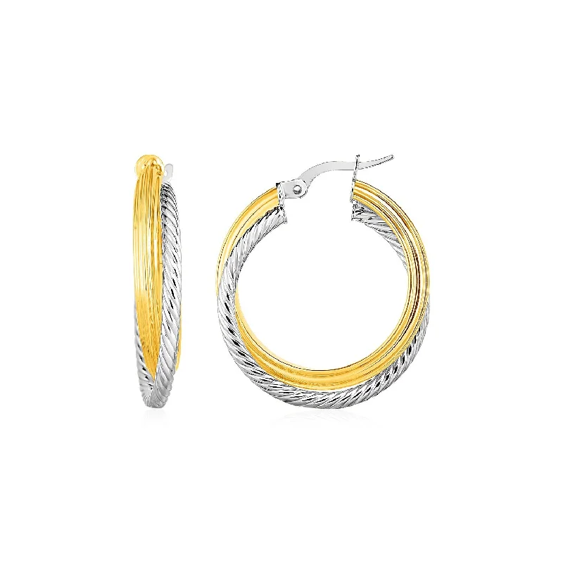 Women's emerald earrings-Two Part Textured and Shiny Hoop Earrings in 14k Yellow and White Gold(4x20mm)