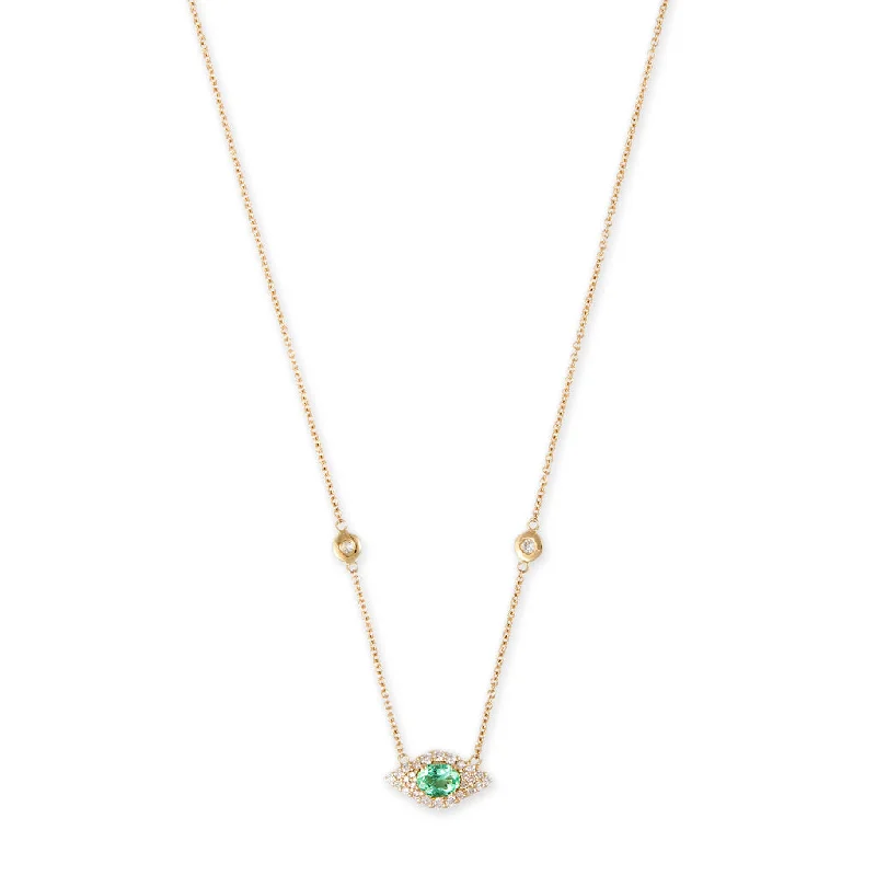 Women's choker necklaces-SMALL PAVE EMERALD OVAL CENTER EYE DIAMOND NECKLACE