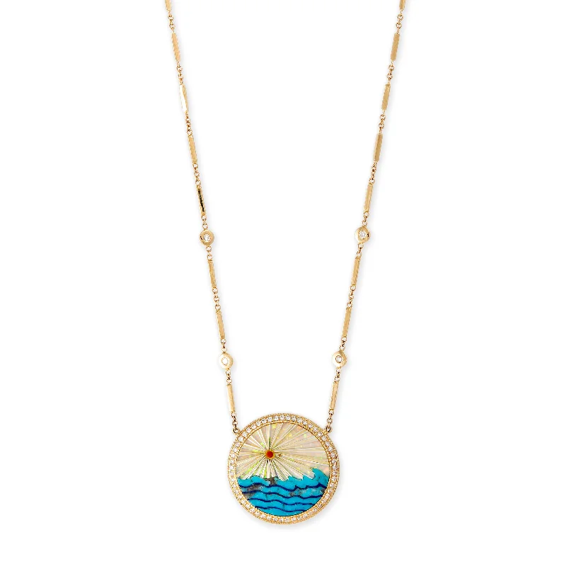 Women's personalized necklaces-SMALL PAVE ROUND OPAL RAYS + TURQUOISE WAVES INLAY SMOOTH BAR NECKLACE