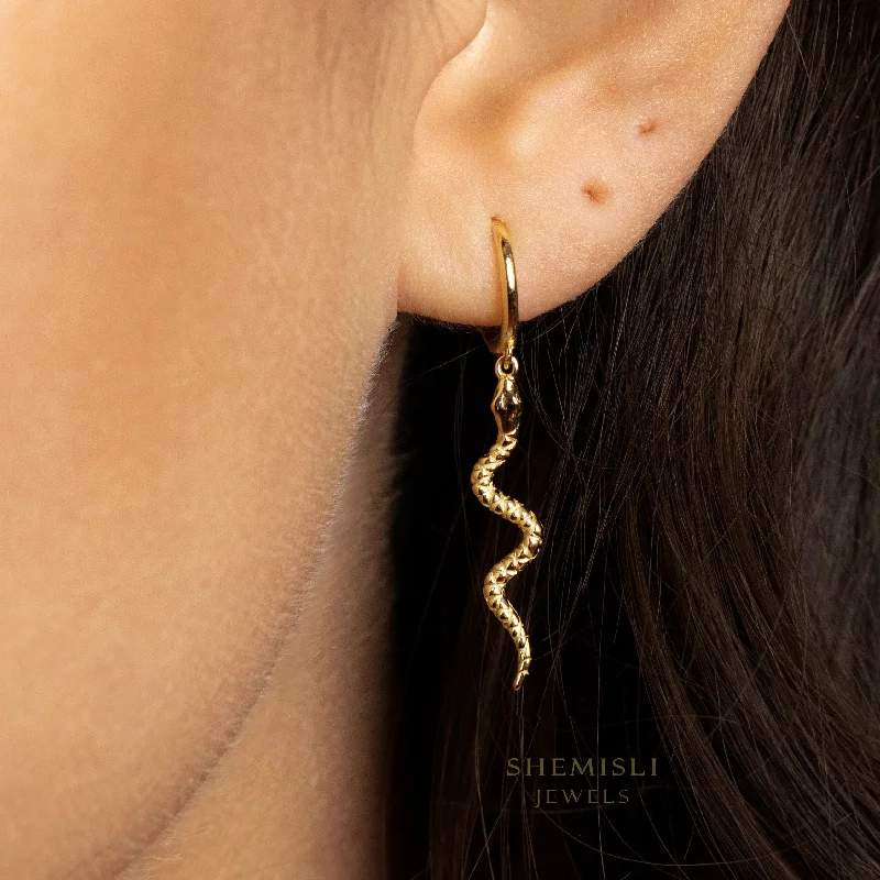 Women's personalized earrings-Long Serpent Dangle Hoop Earrings, Snake Huggies, Gold, Silver SHEMISLI - SH108 LR