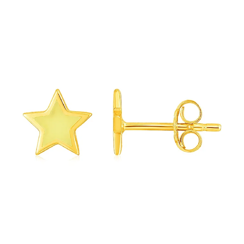 Designer women's earrings-14k Yellow Gold and Enamel Yellow Star Stud Earrings