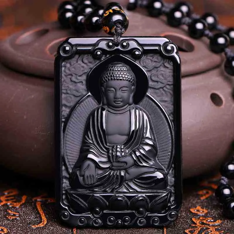 Women's alloy necklaces-Varada Buddha Obsidian Amulet