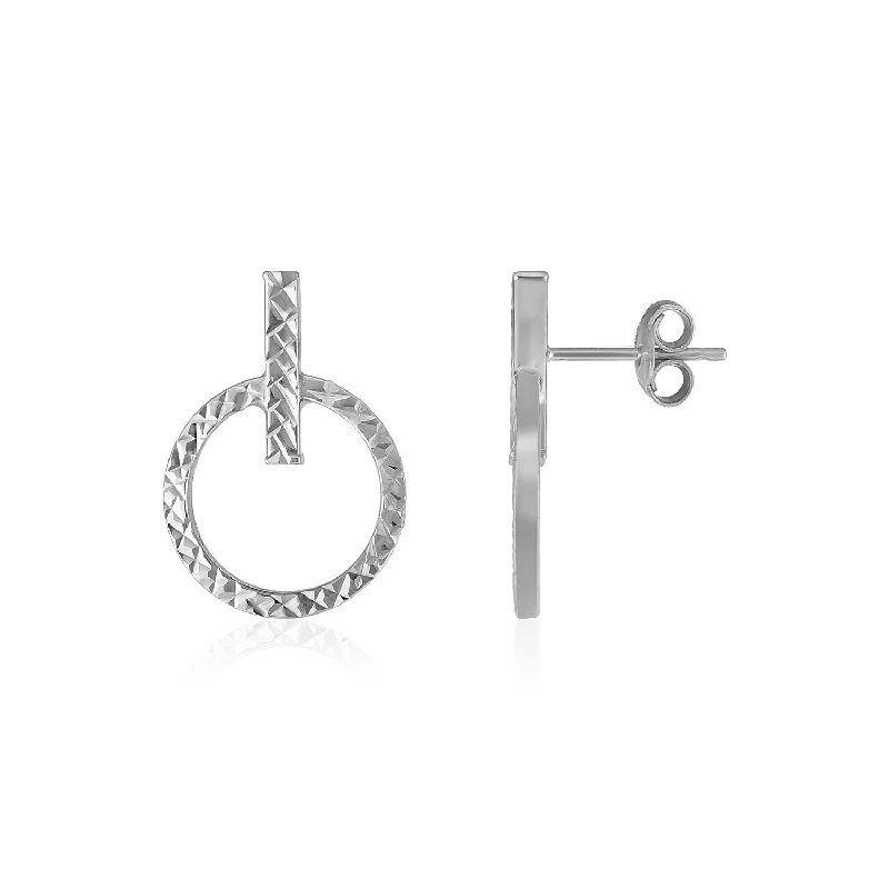 Women's gemstone earrings-14k White Gold Textured Circle and Bar Post Earrings