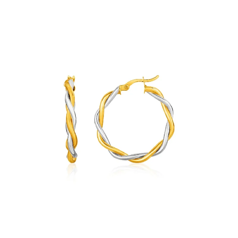 Women's ear cuffs-Two-Tone Twisted Wire Round Hoop Earrings in 10k Yellow and White Gold(3x15mm)