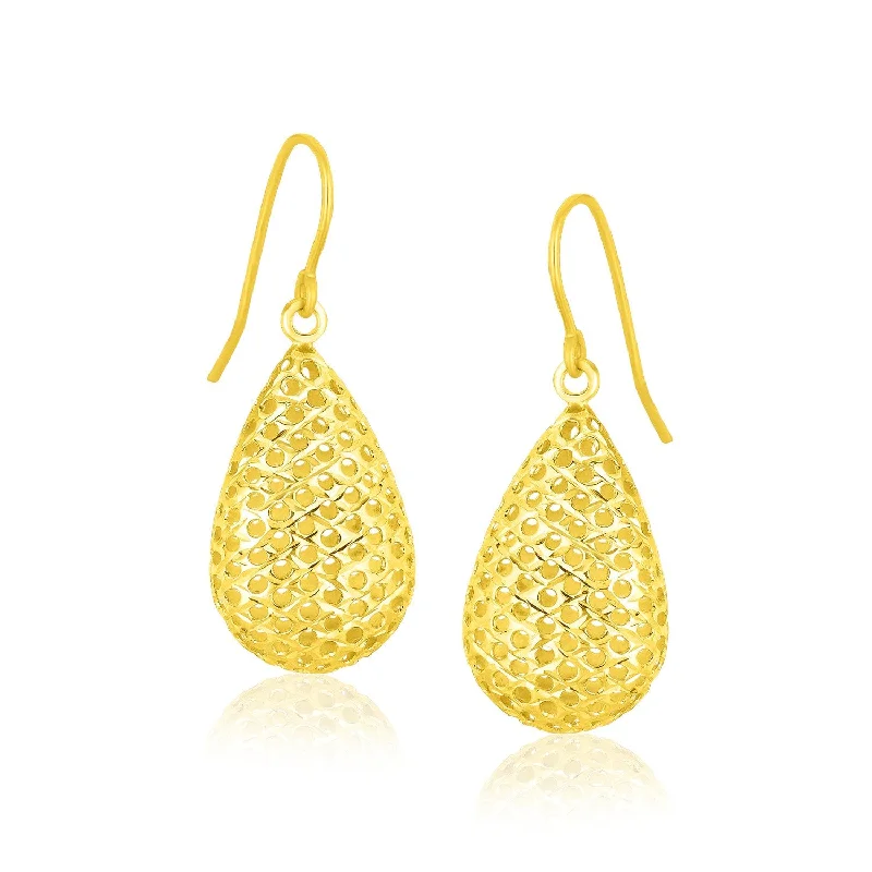 Women's cross earrings-14k Yellow Gold Honeycomb Texture Large Teardrop Drop Earrings