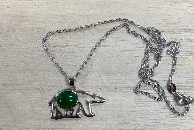 Women's limited edition necklaces-Jade and sterling silver bear necklace