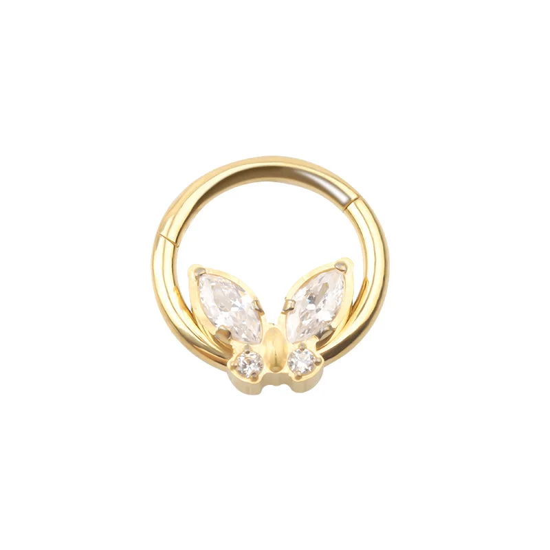 Women's investment rings-Titanium Gold/High Polish (Your choice) Jewelled Butterfly Hinged Septum/Daith Ring - TI-137/A