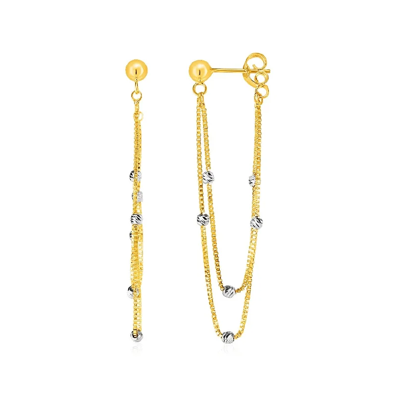 Women's graduation earrings-Hanging Chain Post Earrings with Bead Accents in 14k Yellow and White Gold