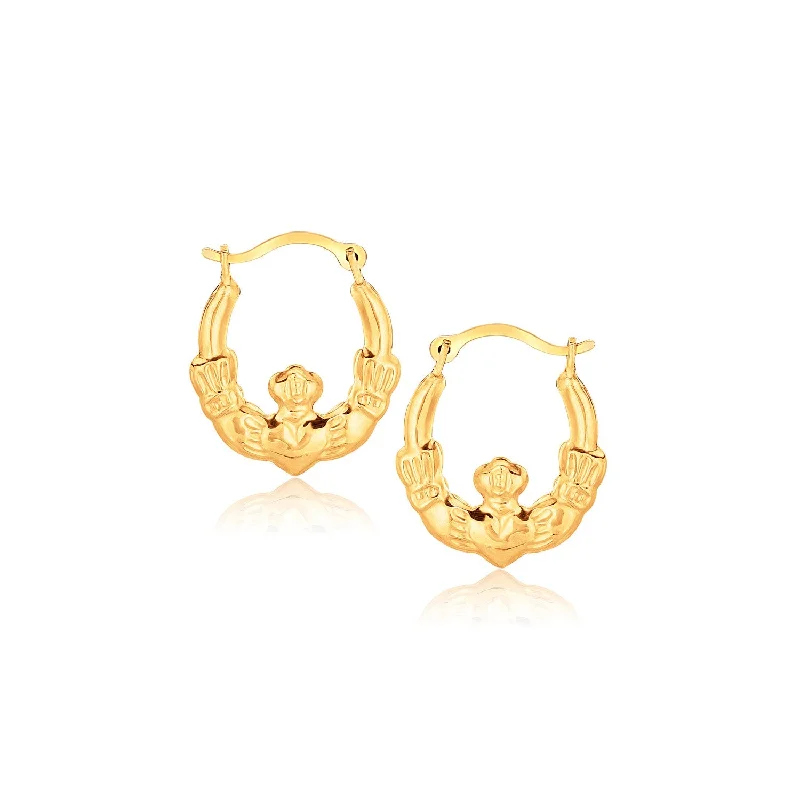 Women's diamond earrings-10k Yellow Gold Claddagh Hoop Earrings