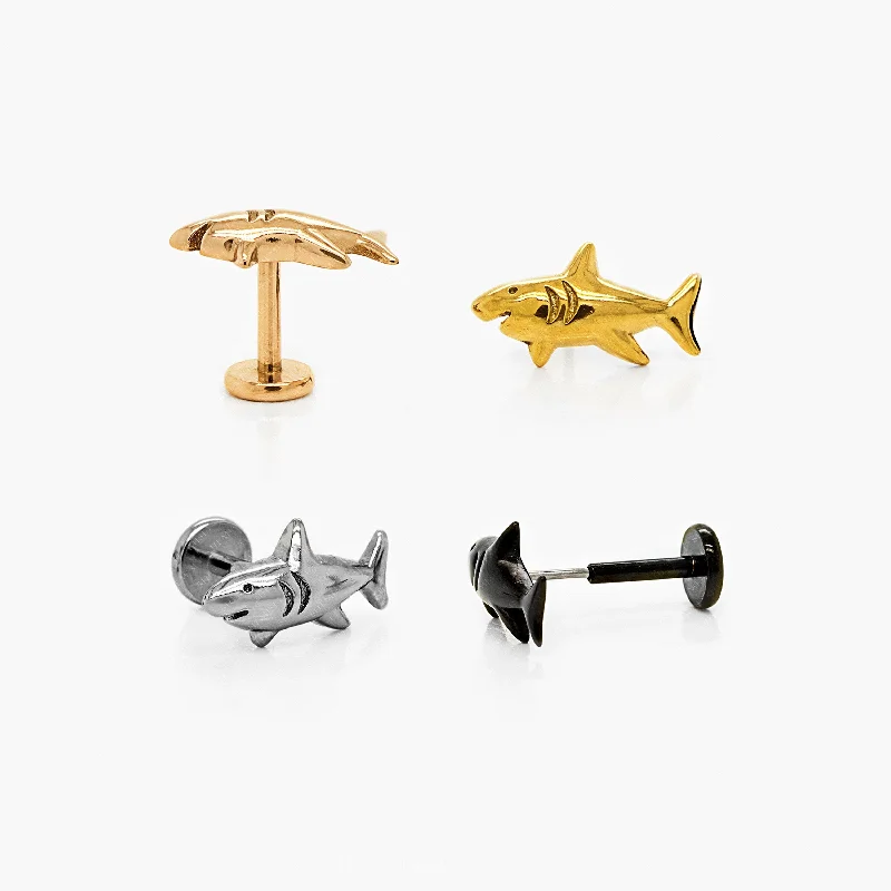 Women's seasonal earrings-Dainty Shark Threadless Flat Back Earrings, 20,18,16ga, 5-10mm Unisex, Surgical Steel SHEMISLI SS579