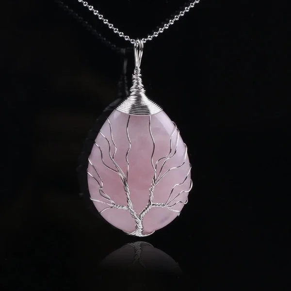 Women's leather necklaces-Tree of Life Rose Quartz Necklace