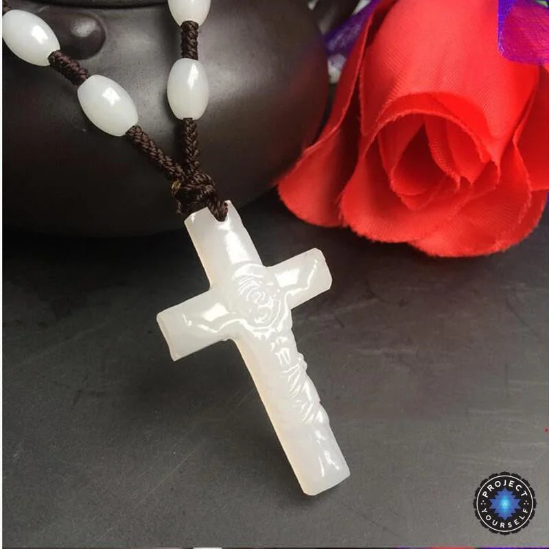 Trendy women's necklaces-Natural White Jade Cross Pendant Necklace