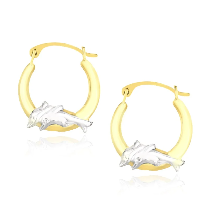 Women's wedding earrings-10k Two-Tone Gold Round Graduated Dolphin Design Hoop Earrings