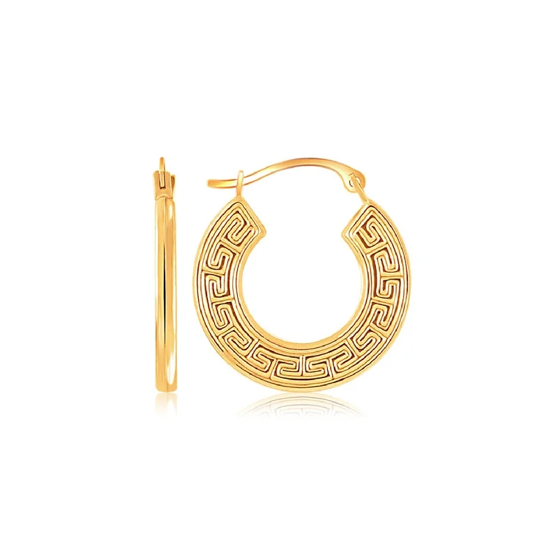 Custom women's earrings-10k Yellow Gold Greek Key Small Hoop Earrings