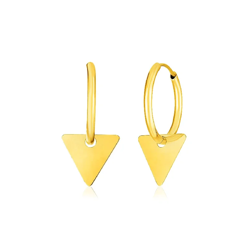 Women's ruby earrings-14k Yellow Gold Huggie Style Hoop Earrings with Triangle Drops