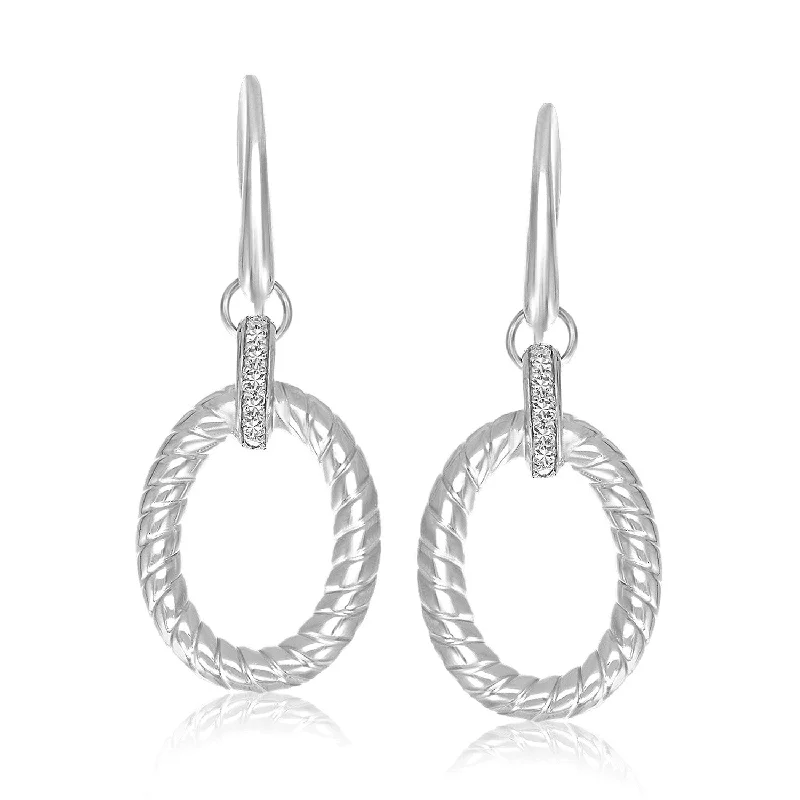 Women's silver-plated earrings-Sterling Silver Rhodium Finished Diamond Embellished Oval Rope Drop Earrings