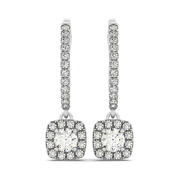 Women's sustainable earrings-Cushion Shape Halo Style Diamond Drop Earrings in 14k White Gold (1/2 cttw)