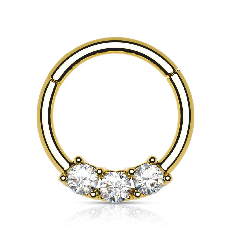 Women's statement rings-Gold Jewelled High Quality Precision Triple CZ Hinged Ring - E319D