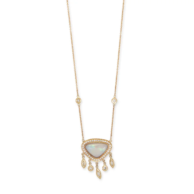 Women's fingerprint necklaces-SMALL PAVE WHITE OPAL TRILLION + MARQUISE AND ROUND DIAMOND SHAKER NECKLACE