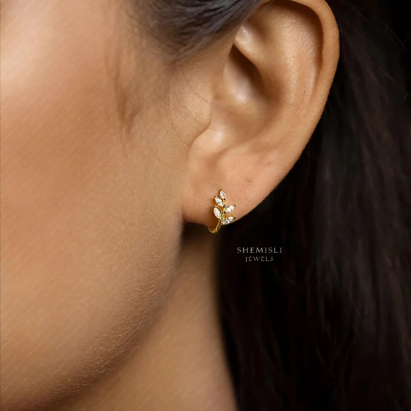 Women's formal earrings-Leaf CZ Hoop Earrings, Olive Leaf Huggies, Gold, Silver SHEMISLI - SH008 LR