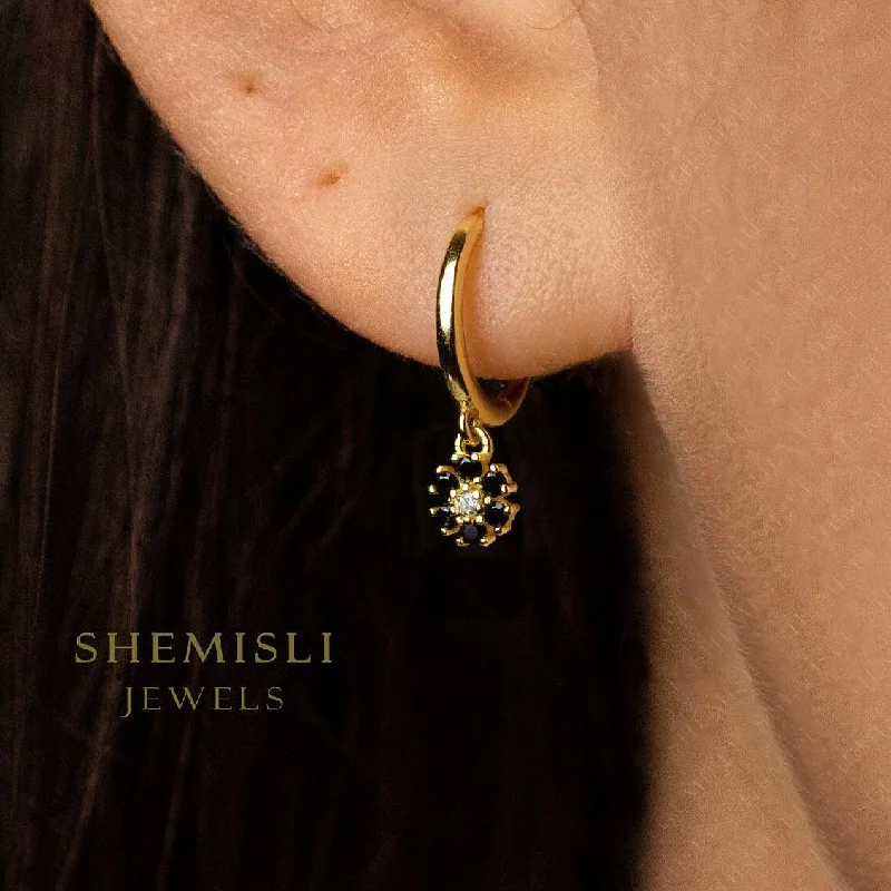 Women's moon phase earrings-Tiny Black Flower CZ Drop Hoop Earrings, Flower Dangle Huggies, Gold, Silver SHEMISLI SH534