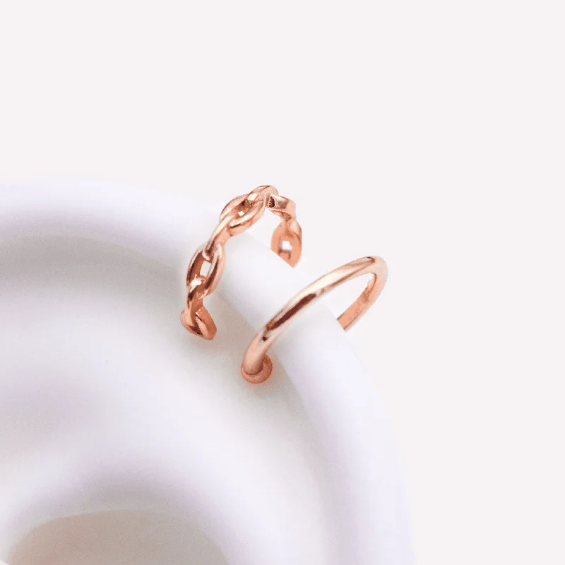 Women's spiritual rings-PLAIN & CHAIN EAR CUFF CLIP-ON EARRING SET IN ROSE GOLD