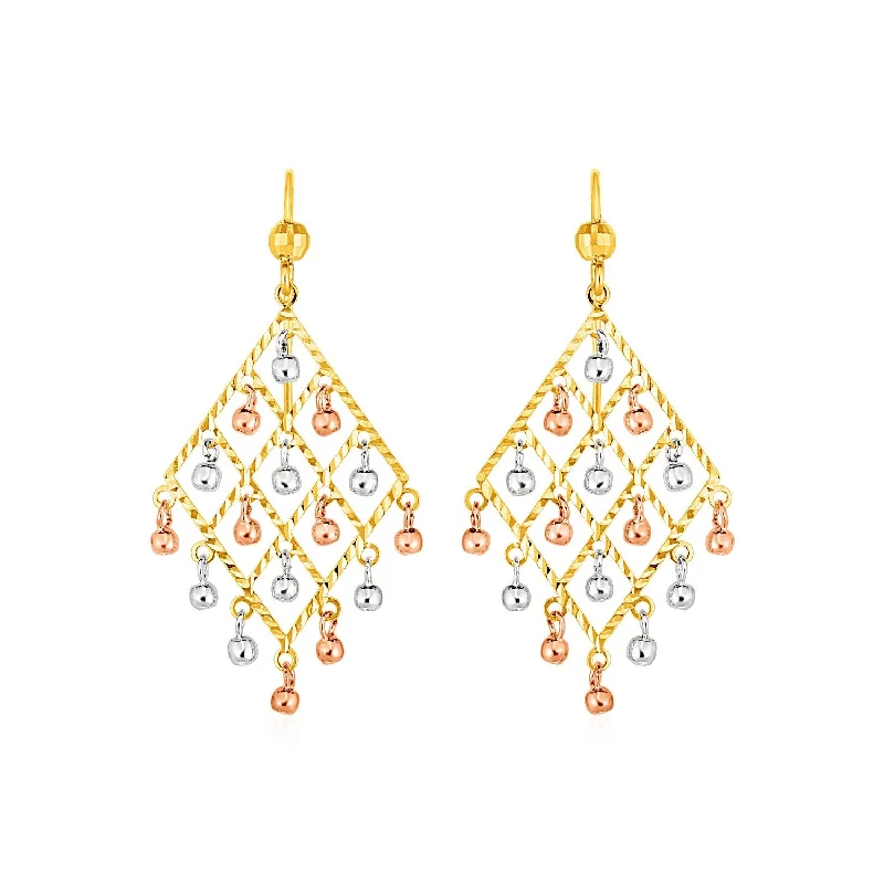 Women's healing crystal earrings-Textured Chandelier Earrings with Ball Drops in 14k Tri Color Gold