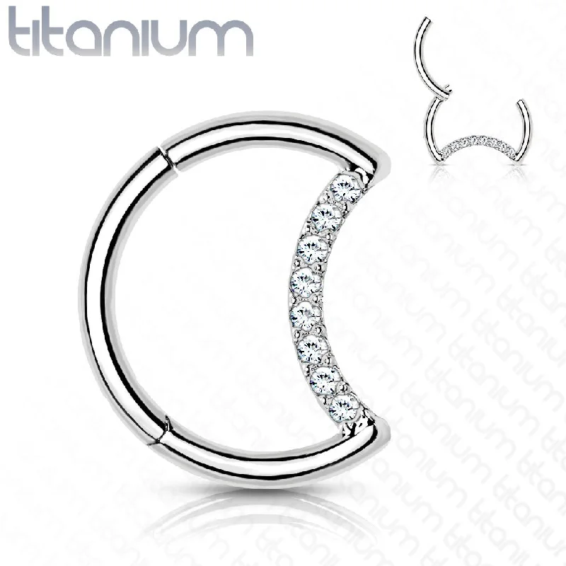 Women's wedding band rings-Titanium High Polish Jewelled Hinged Septum/Daith Ring - TI-120