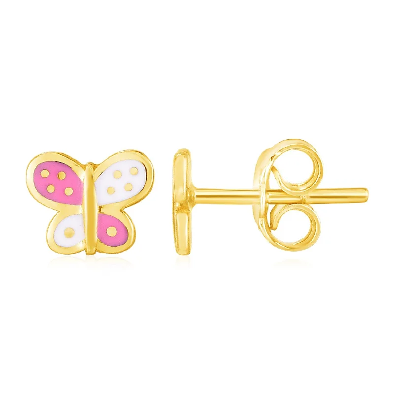 Custom women's earrings-14k Yellow Gold and Enamel Pink and White Butterfly Stud Earrings