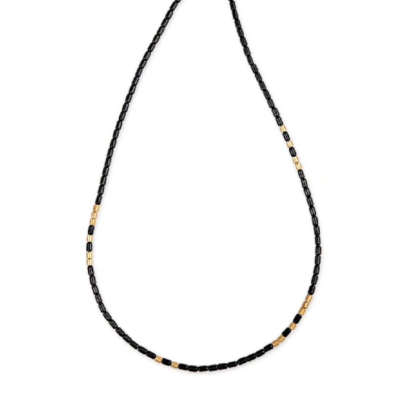 Women's sapphire necklaces-18 GOLD BEADS + ONYX TUBE BEADED NECKLACE