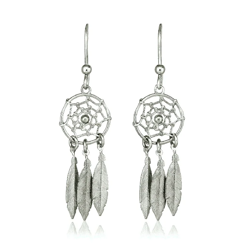 Women's Valentine's Day earrings-Sterling Silver Dream Catcher Dangle Earrings