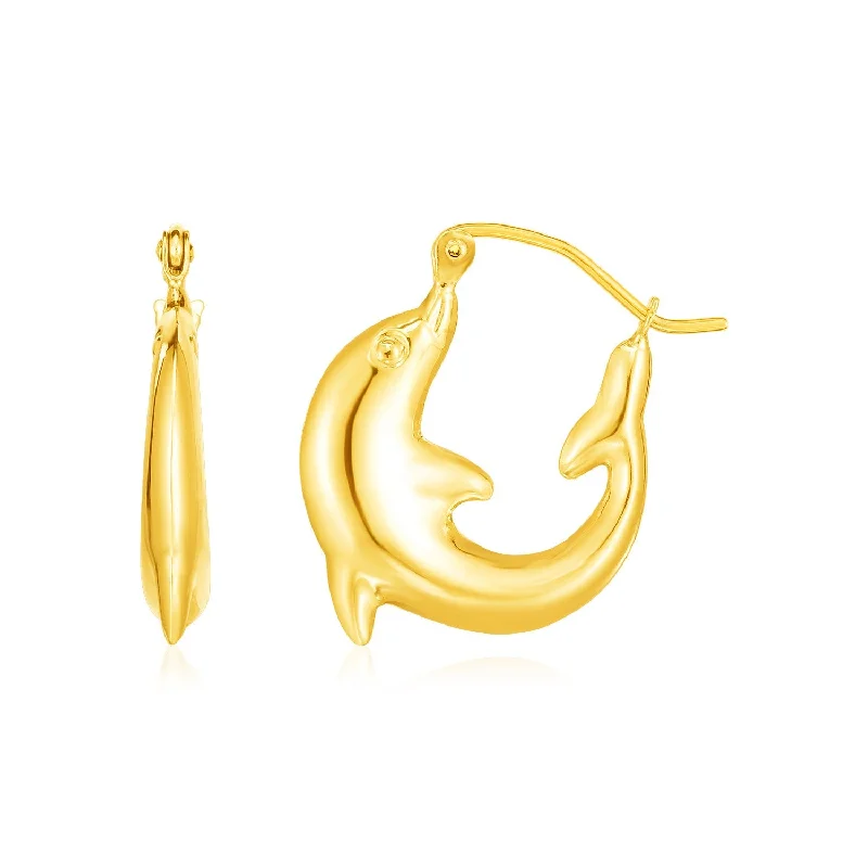 Women's Christmas earrings-14K Yellow Gold Dolphin Hoop Earrings