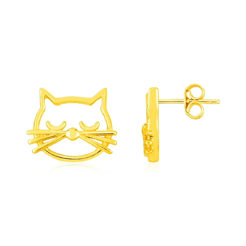 Women's crystal earrings-14K Yellow Gold Cat Head Earrings