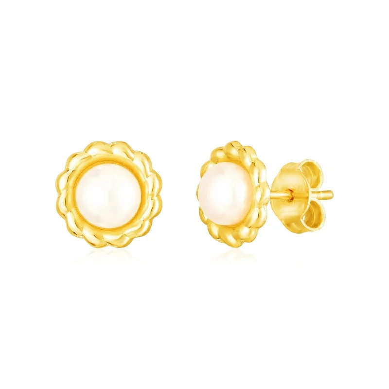 Women's Buddha earrings-14k Yellow Gold Flower Stud Earrings with Pearls