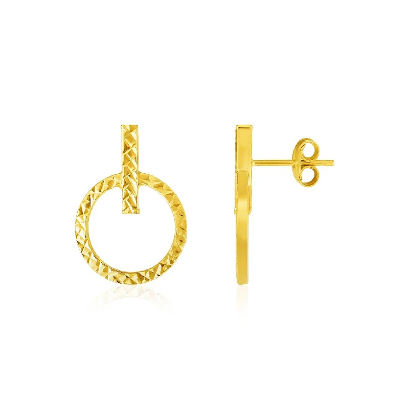 Women's luxury party earrings-14k Yellow Gold Textured Circle and Bar Post Earrings