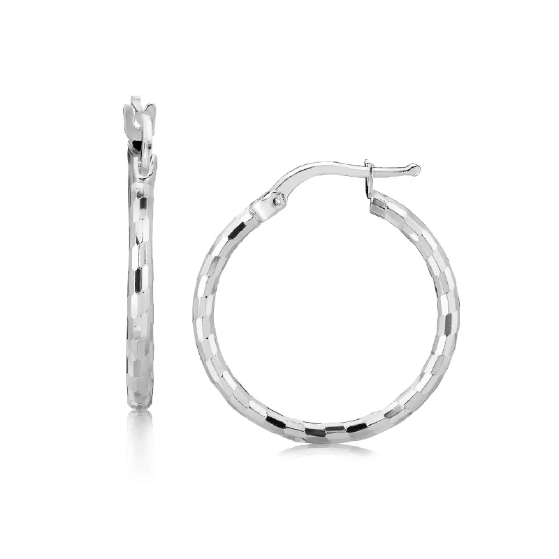 Women's astrology earrings-Sterling Silver Diamond Cut Hoop Earrings with Rhodium Plating (2x20mm)