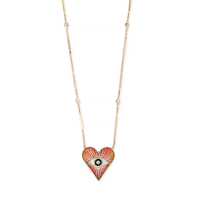 Women's star necklaces-SMALL ORANGE OPAL INLAY EYE BURST HEART NECKLACE