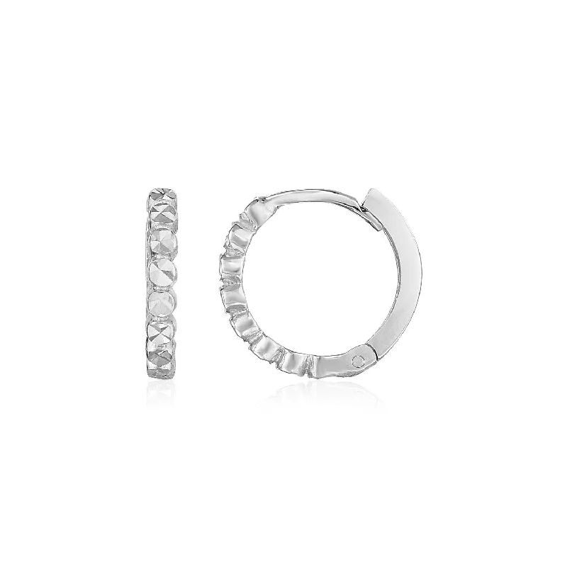 Women's fingerprint earrings-14k White Gold Petite Textured Round Hoop Earrings