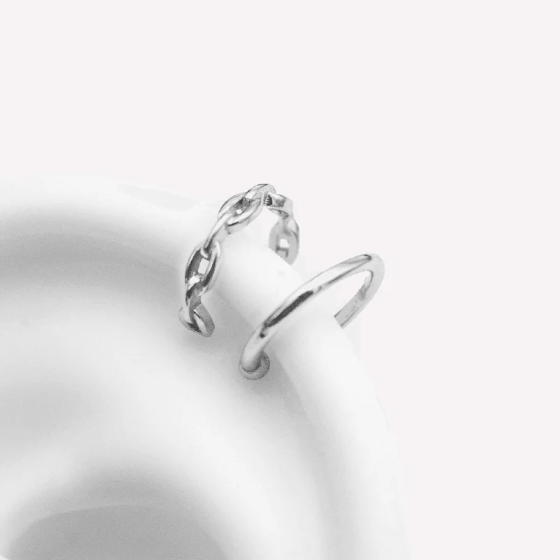 Women's charm rings-PLAIN & CHAIN EAR CUFF CLIP-ON EARRING SET IN SILVER