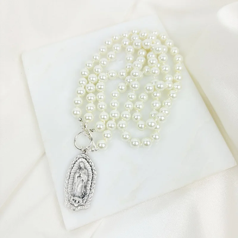 Designer women's necklaces-Our Lady of Guadalupe Pearl Necklace/Silver